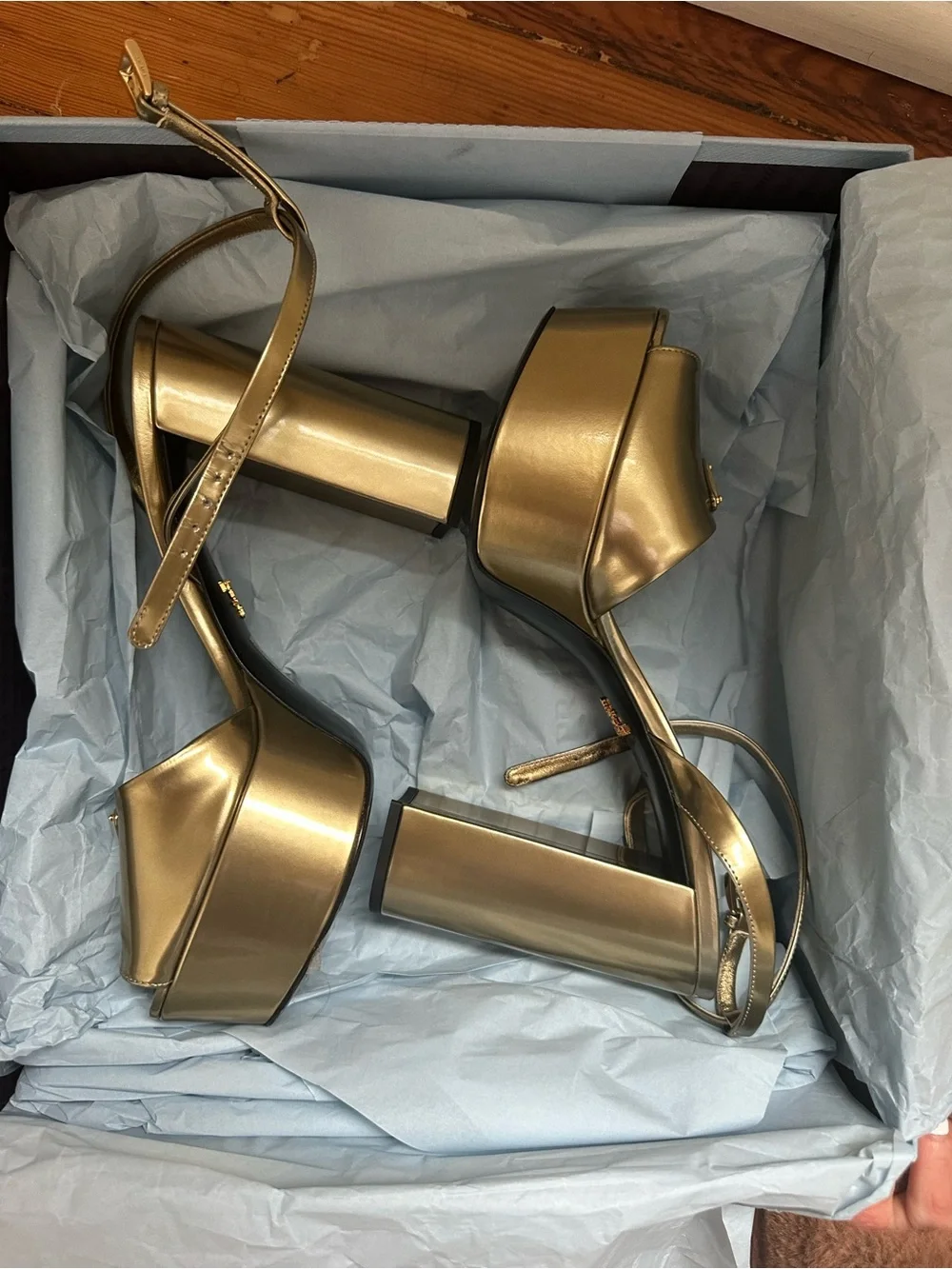 Prada Gold Metallic Platform Ankle-Strap Heels